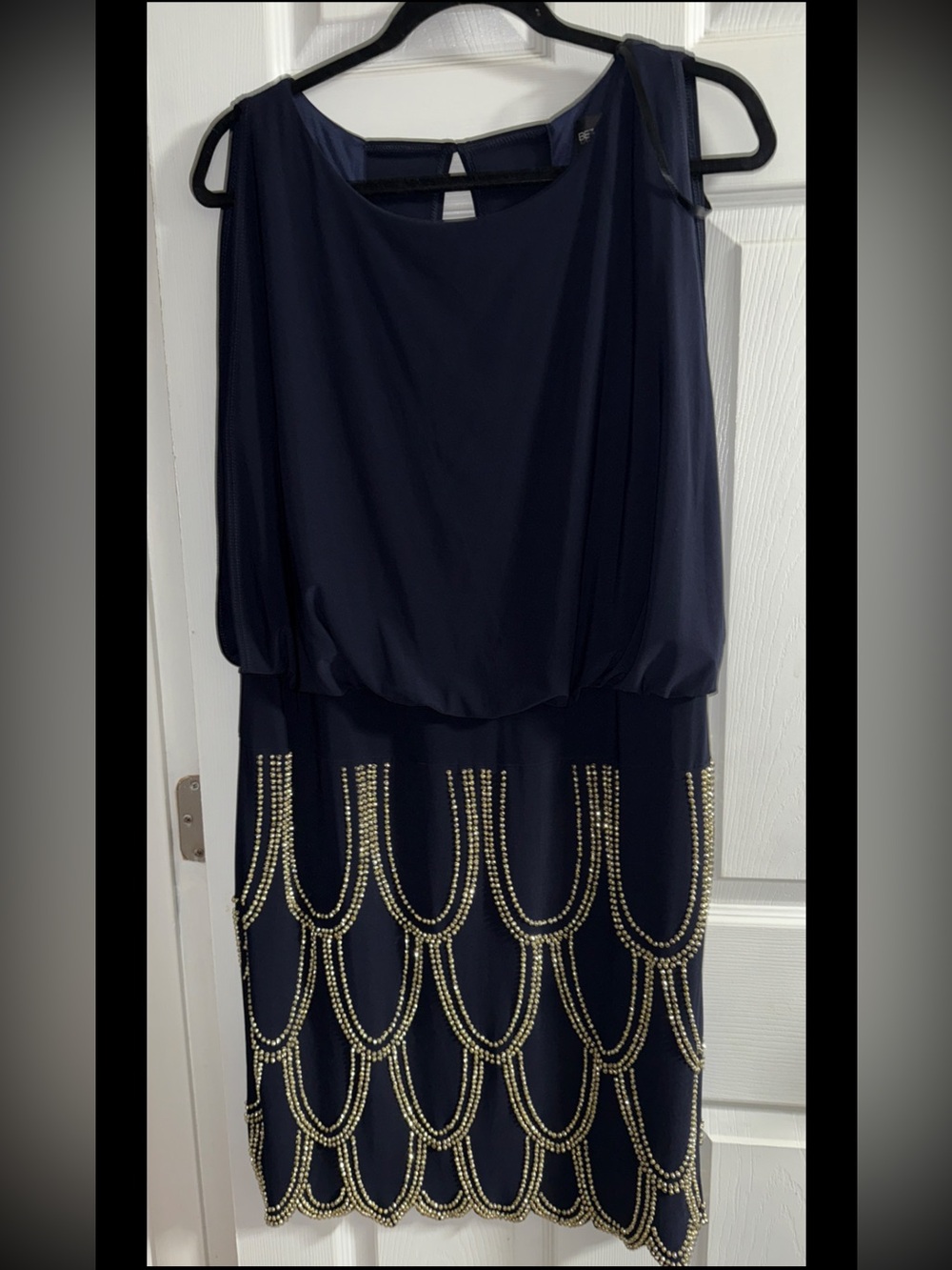 Betsy & Adam Navy Blue Backless Evening Dress with Gold Bead Embellishment 16W